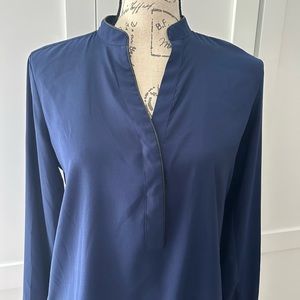 Ann Taylor Petite S navy blue silk blouse shirt leather trim